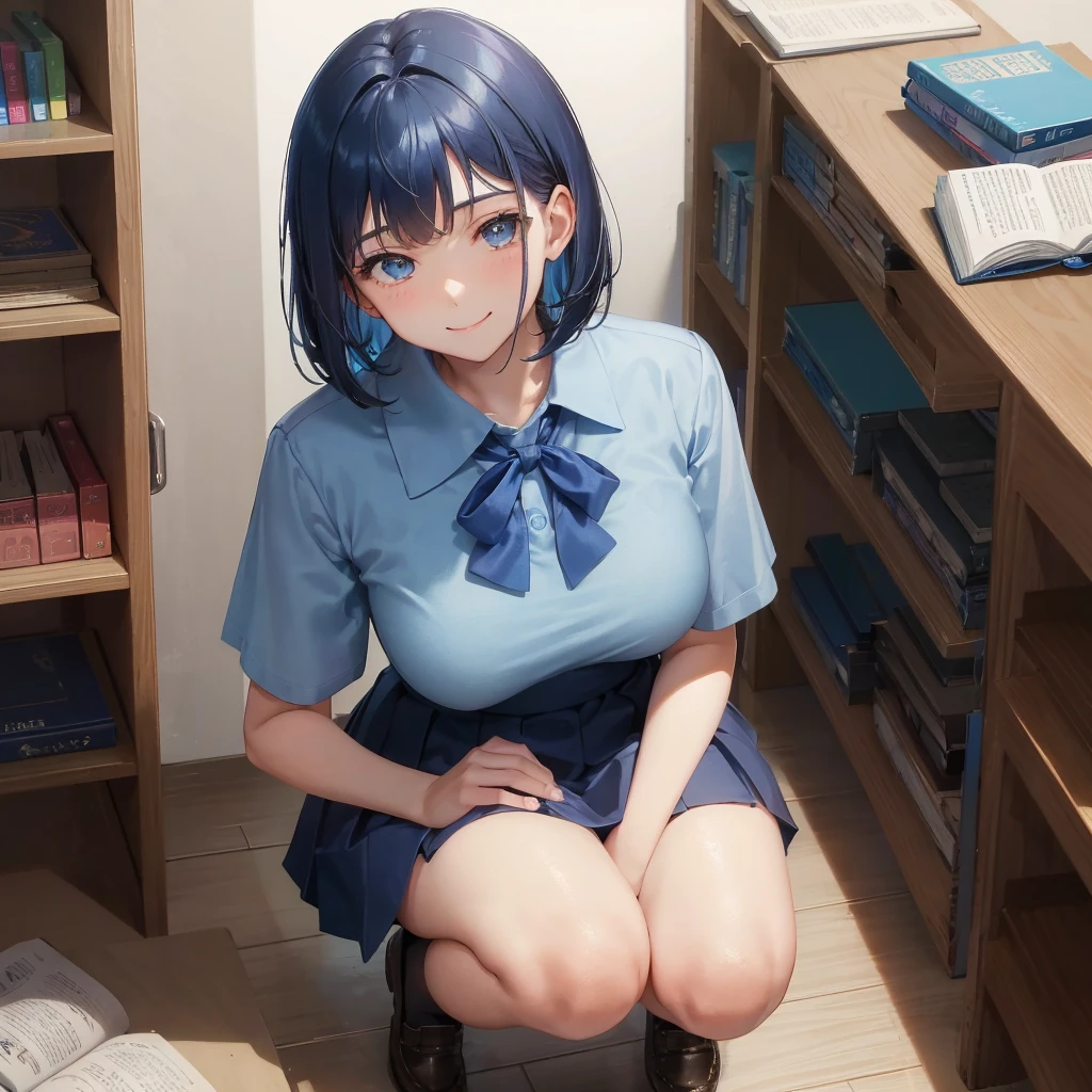 1. High school girl　17-year-old female　Bobcut　dark blue hair color　High School Uniform　Light blue Y-shirt　Short sleeve　Blue Ribbon　dark blue hair color　Slim figure　Large Breasts　Full body portrait　学校のlibrary　Smiling Kindly　Laugh a little　library　Hand Signs　Squat　Kneel　Look up here　