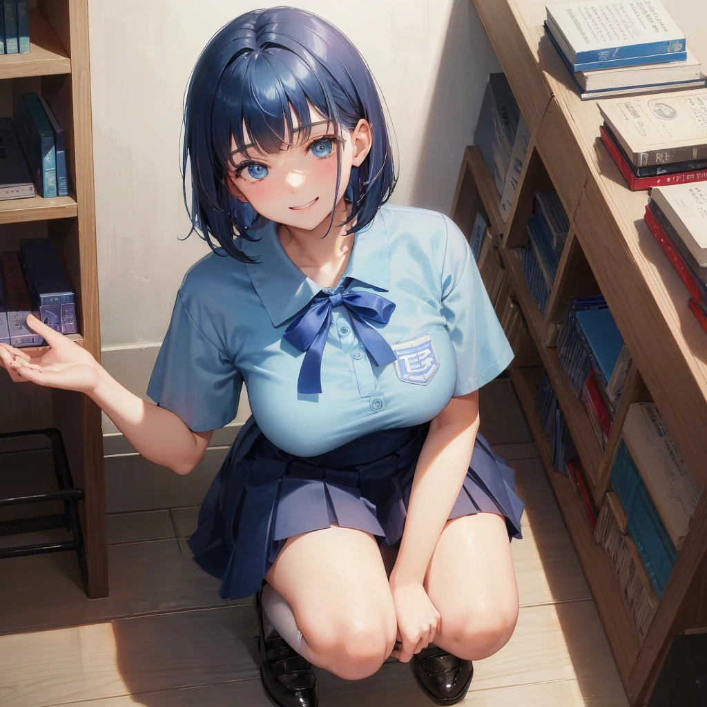 1. High school girl 17-year-old female Bobcut dark blue hair color High School Uniform Light blue Y-shirt Short sleeve Blue Ribbon dark blue hair color Slim figure Large Breasts Full body portrait 学校のlibrary Smiling Kindly Laugh a little library Hand Signs Squat Kneel Look up here