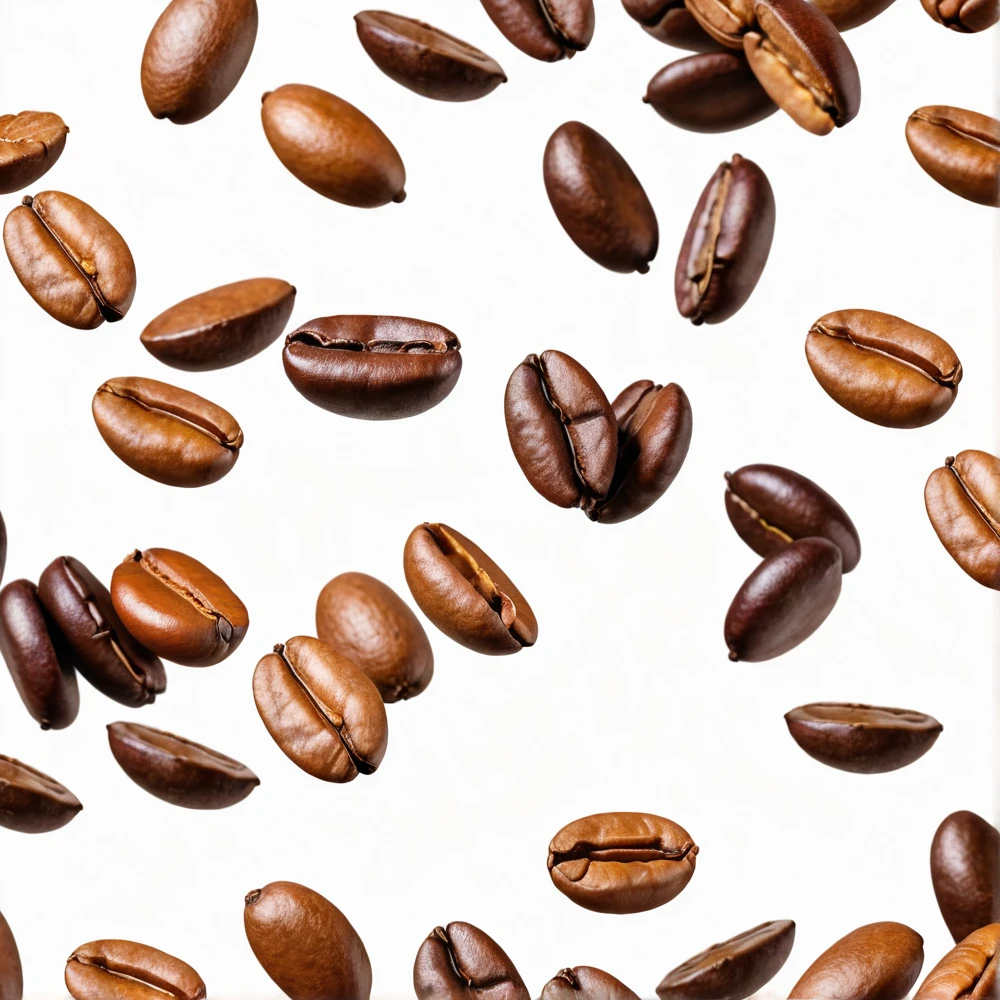 coffee beans flying over a white background