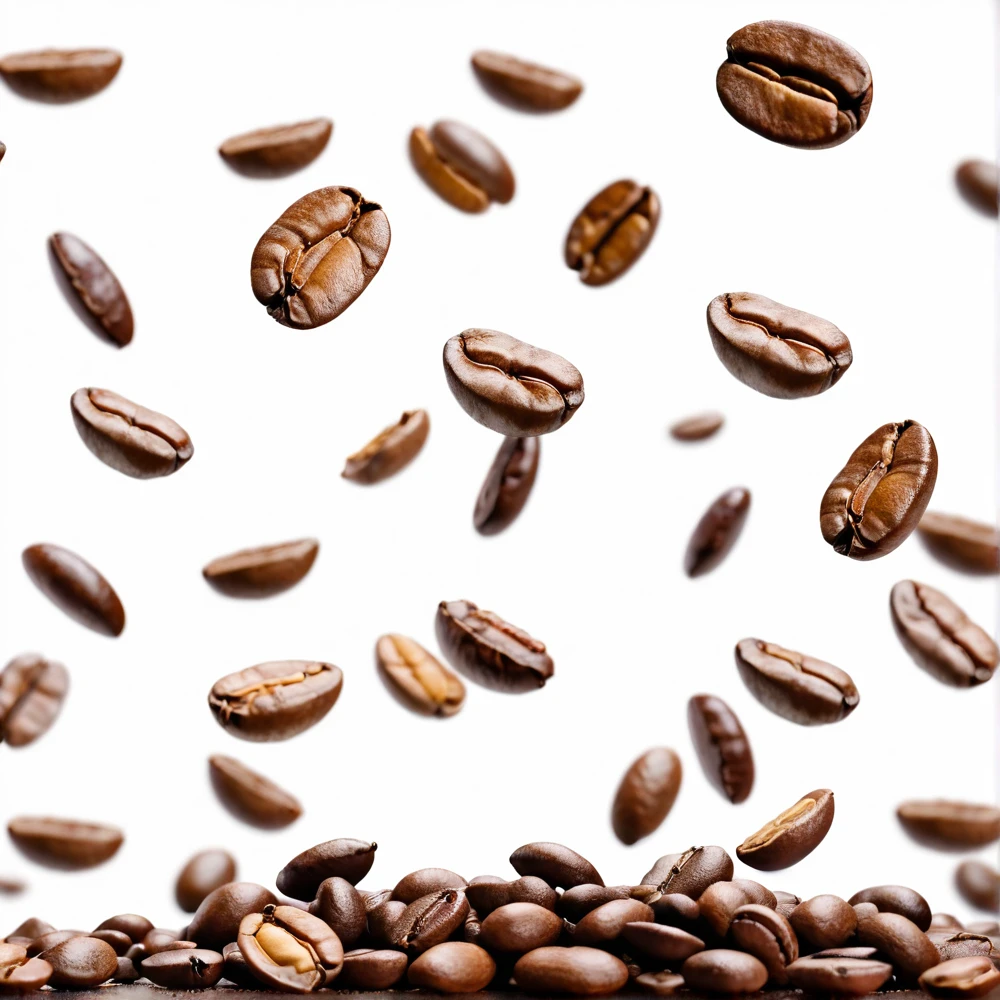 coffee beans flying over a white background