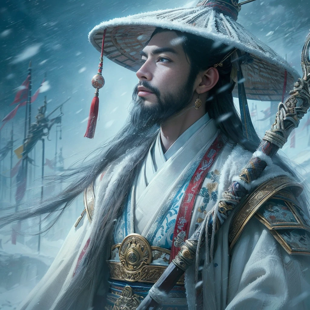 (Masterpiece:1.2), (Best Quality:1.2), (high resolution:1.2), (beautiful face and eye:1.2), (sharpest focus:1.2), (Ultra-realistic Photo:1.2), (Ultra-precise Photo:1.2), (Depth of field:1.2), (perfect anatomy:1.2), (nice hands:1.2),
(perfect hands:1.2), (five fingers:1.2), (Young, fearless, beautiful, shady Chinese man:1.0), (Lonely Chinese warrior with spear:1.0), (Neatly trimmed short beard and tied hair:1.0), (Blazing Chinese period drama style fortress:1.0),
(long spear with serpentine blade and ornate decoration:1.0), (white tsubakuhiro cap and cloak:1.0), (white armor with red, blue, and yellow coloring:1.0), (snowstorm:1.0), (melancholy expression:1.0), (picturesque standing figure:1.0),