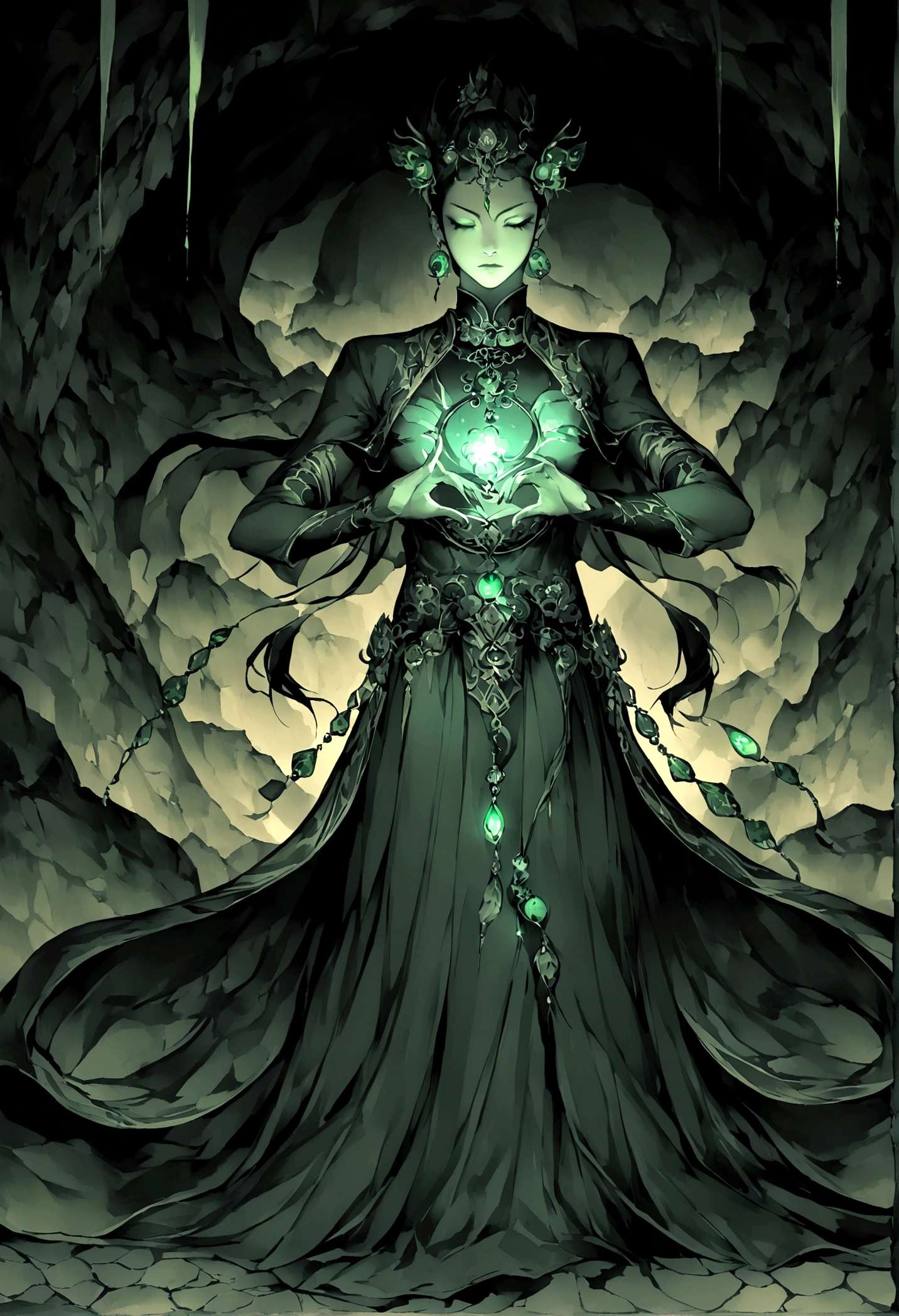 ((The background is in a dark cave)),mysterious,A glowing jade pendant,((Chinese style,Immortal World,Xianxia World))