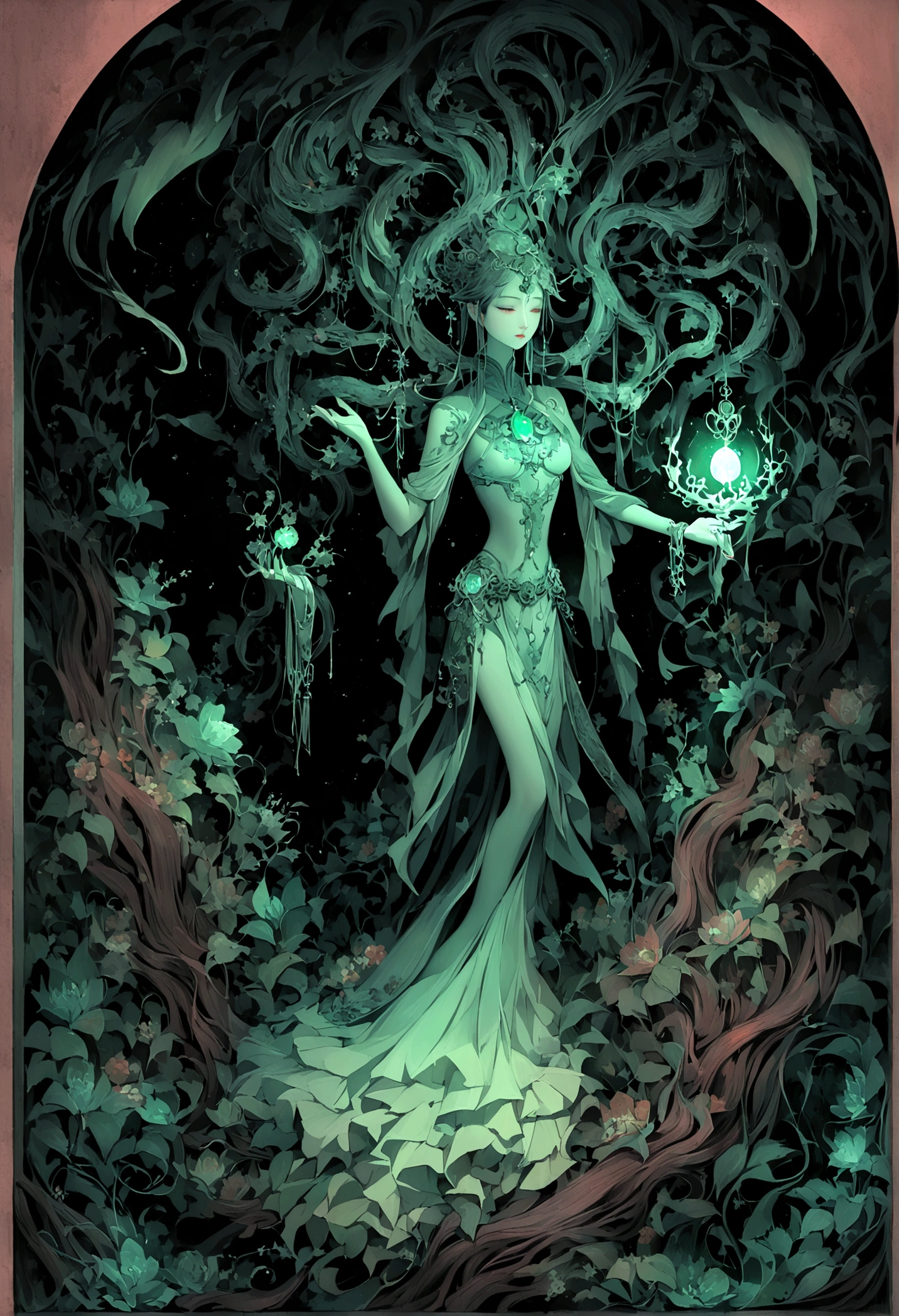 ((The background is in a dark cave)),mysterious,A glowing jade pendant,((Chinese style,Immortal World,Xianxia World))