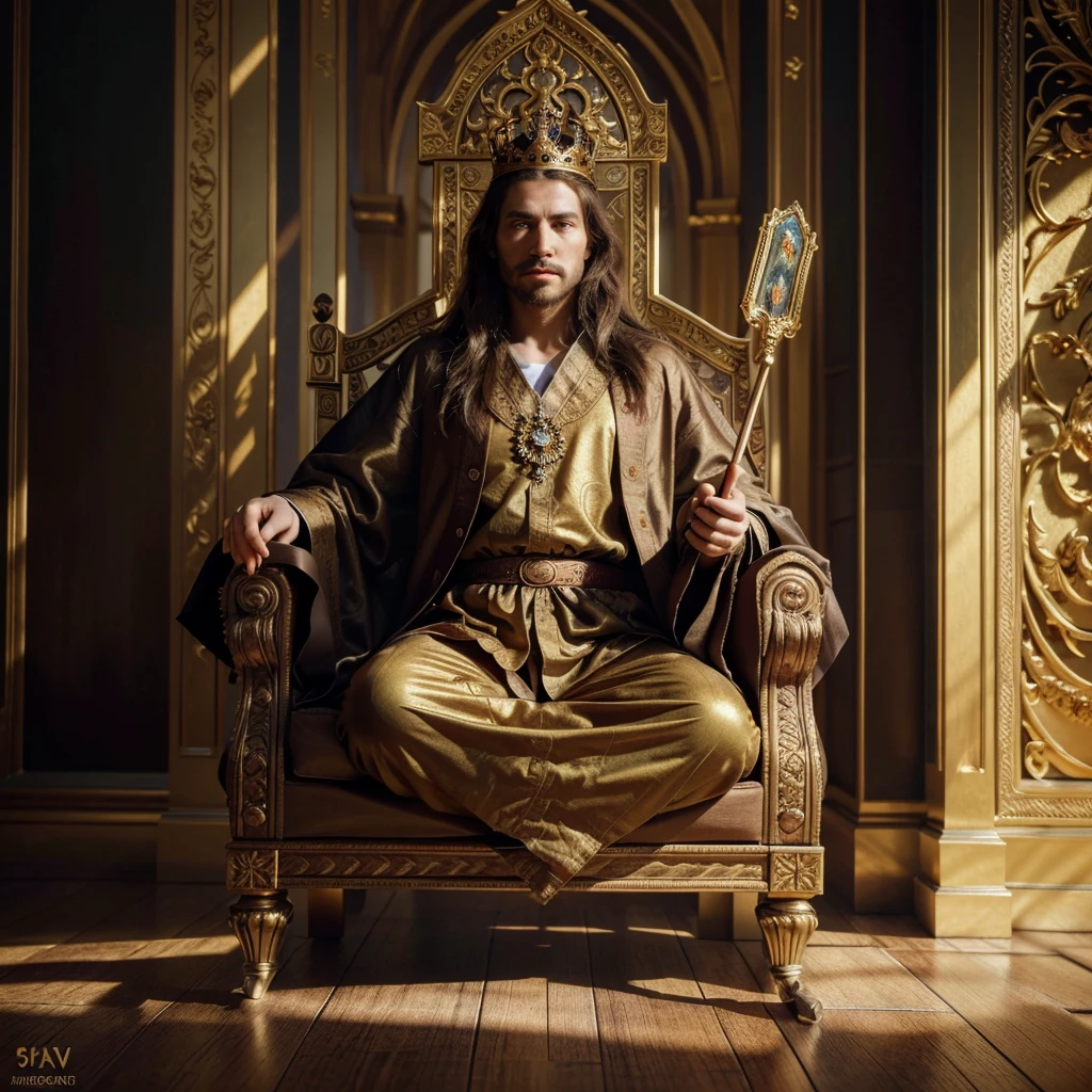 a majestic medieval king in an ornate golden throne, detailed facial features, flowing robe, crown, scepter, intricate throne, grand royal palace interior, sunlight shining through stained glass windows, (best quality,4k,8k,highres,masterpiece:1.2),ultra-detailed,(realistic,photorealistic,photo-realistic:1.37),cinematic lighting,dramatic shadows,rich colors,renaissance art style