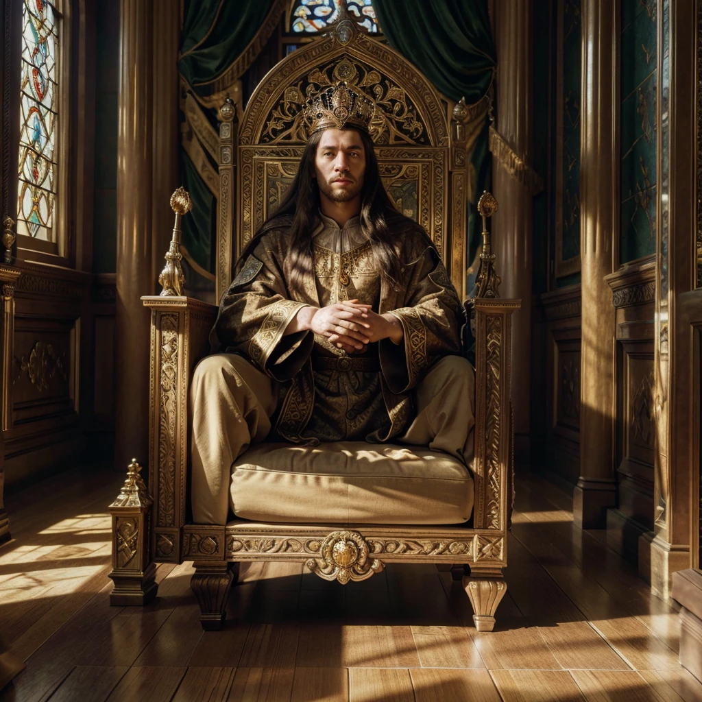 a majestic medieval king in an ornate golden throne, detailed facial features, flowing robe, crown, scepter, intricate throne, grand royal palace interior, sunlight shining through stained glass windows, (best quality,4k,8k,highres,masterpiece:1.2),ultra-detailed,(realistic,photorealistic,photo-realistic:1.37),cinematic lighting,dramatic shadows,rich colors,renaissance art style
