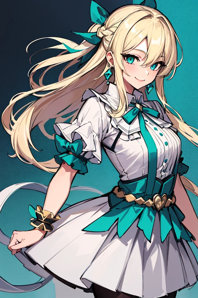 (absurdres, 8k, 4k, masterpiece, hyper extreme detailed:1.2), solo, 1girl, side view portrait, best quality, expressive eyes, perfect face, 1girl, portrait, solo, Female, mature female, adult, light smile, dress, long hair, straight hair, drawing, swept bangs, cowboy shot, half body, teal eyes, blonde hair, expressive eyes, perfect eyes, , light smile, knee-length platinum blonde hair, braided, green-black hair ribbon flecked with diamonds, dark teal dress with a white collar, puffed sleeves, and belt, large red ribbon with a blue jewel trimmed with silver on the , pale bracelet on left wrist, pantyhose, fair skin,
