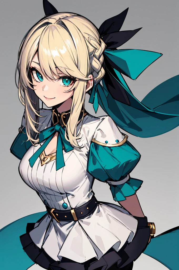 (absurdres, 8k, 4k, masterpiece, hyper extreme detailed:1.2), solo, 1girl, side view portrait, best quality, expressive eyes, perfect face, 1girl, portrait, solo, Female, mature female, adult, light smile, dress, long hair, straight hair, drawing, swept bangs, cowboy shot, half body, teal eyes, blonde hair, expressive eyes, perfect eyes, medium bust, light smile, knee-length platinum blonde hair, braided, green-black hair ribbon flecked with diamonds, dark teal dress with a white collar, puffed sleeves, and belt, large red ribbon with a blue jewel trimmed with silver on the chest, pale bracelet on left wrist, pantyhose, fair skin,