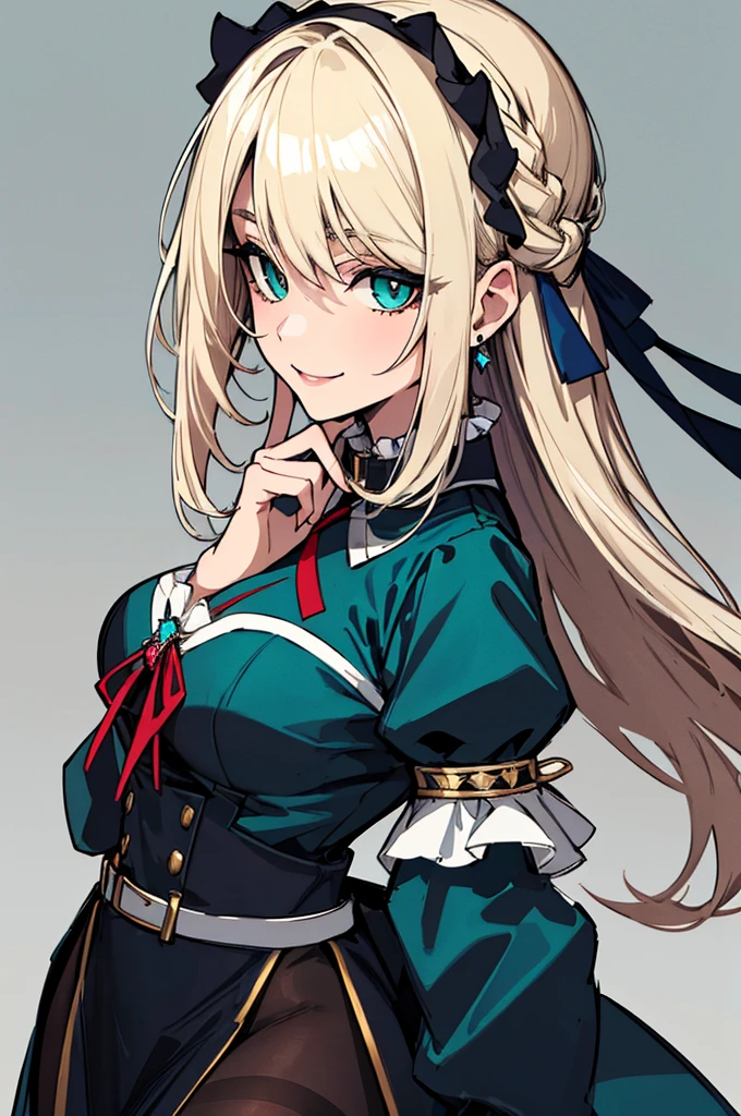 (absurdres, 8k, 4k, masterpiece, hyper extreme detailed:1.2), solo, 1girl, side view portrait, best quality, expressive eyes, perfect face, 1girl, portrait, solo, Female, mature female, adult, light smile, dress, long hair, straight hair, drawing, swept bangs, cowboy shot, half body, teal eyes, blonde hair, expressive eyes, perfect eyes, medium bust, light smile, knee-length platinum blonde hair, braided, green-black hair ribbon flecked with diamonds, dark teal dress with a white collar, puffed sleeves, and belt, large red ribbon with a blue jewel trimmed with silver on the chest, pale bracelet on left wrist, pantyhose, fair skin,