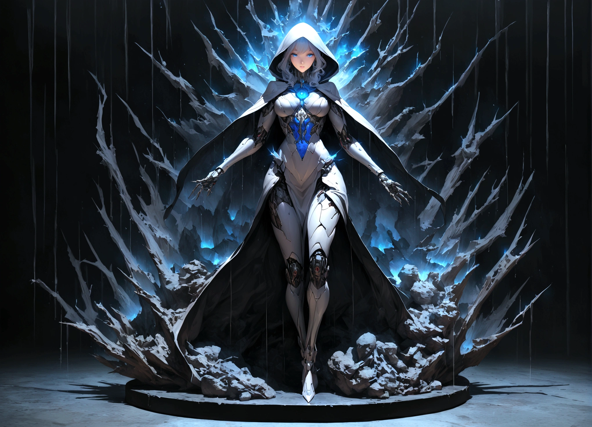 masterpiece, cyborg, 肉体はGlamorous figure、, Wearing a hood, Shrouded in shadow, , Positano colours, Completely in frame, whole body, Emits electrical energy, whole body, Beautiful anime waifu style man, Ultra-detailed CG paintings, Luminism, Art by Kahn Griffith and Vadim Kashin Concept Art, 8K resolution, Fractal isometric details Bioluminescence , complicatedly detailed , Cinematic, trending on art station Isometric Centered hyper Realistic cover photo awesome full color, Grainy, Realistic, complicated, Hit definition , Cinematic, Glamorous figure, Vibrant, amazing, Super high quality model、Being pelted by rain in the dark、Controlling Lightning、Blue eyes