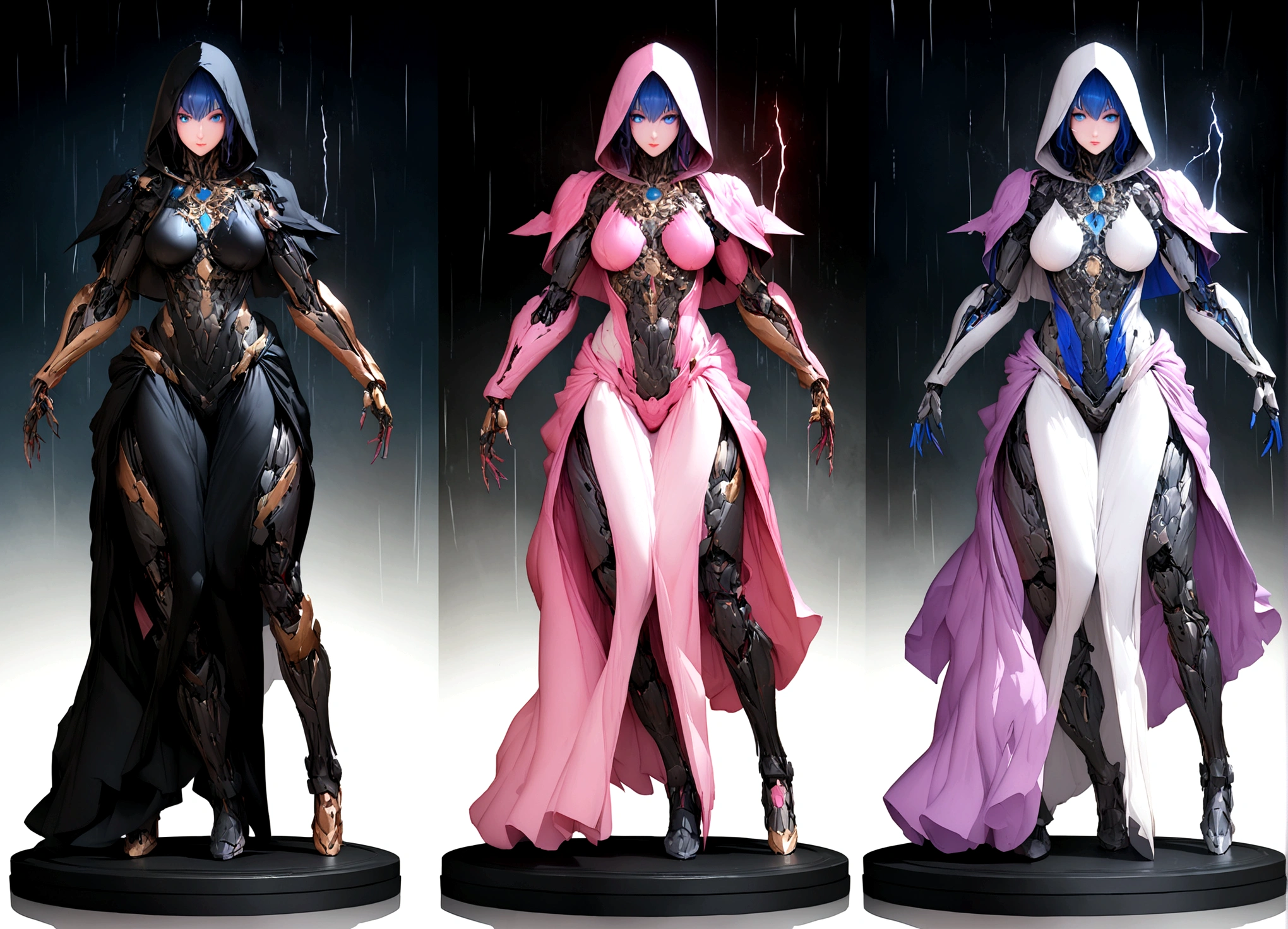 masterpiece, cyborg, 肉体はGlamorous figure、, Wearing a hood, Shrouded in shadow, , Positano colours, Completely in frame, whole body, Emits electrical energy, whole body, Beautiful anime waifu style man, Ultra-detailed CG paintings, Luminism, Art by Kahn Griffith and Vadim Kashin Concept Art, 8K resolution, Fractal isometric details Bioluminescence , complicatedly detailed , Cinematic, trending on art station Isometric Centered hyper Realistic cover photo awesome full color,  Grainy, Realistic, complicated, Hit definition , Cinematic, Glamorous figure, Vibrant, amazing, Super high quality model、Being pelted by rain in the dark、Controlling Lightning、Blue eyes
