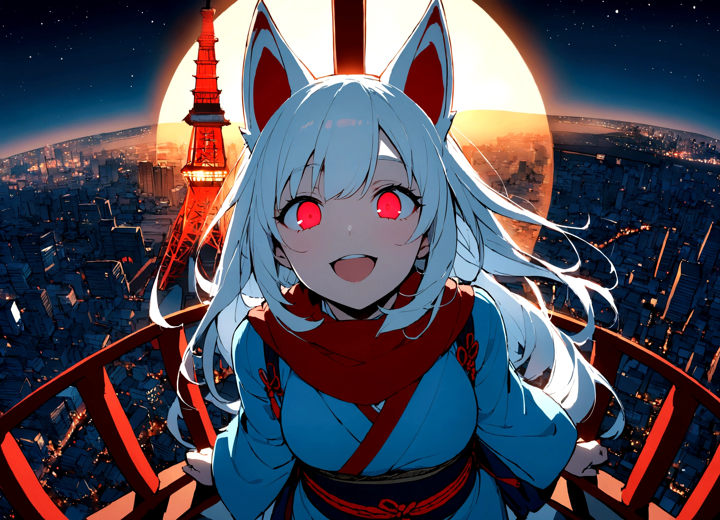 smiling、Double teeth、Green and Blue Odd-Eye、A long scarf in two-tone red and blue、Climb Tokyo Tower and look down on the cityscape、View from Tokyo Tower(masterpiece, best quality:1.2), 1girl, 独奏,Wolf girl, fox mask, ninja, girl, long white hair, odd eyes, blue kimono, ninja girl, red and blue scarf,Dancing Cherry Blossoms,Full moon backlighting, light coming in, fantastic atmosphere.night、Shadows of light and darkness、Eyes glowing in the dark、Black fox mask、Fisheye Lens、Expansive starry sky、long hair that spreads、Looking up from afar、Overlooking the city from atop a large cherry tree、View from Tokyo Tower