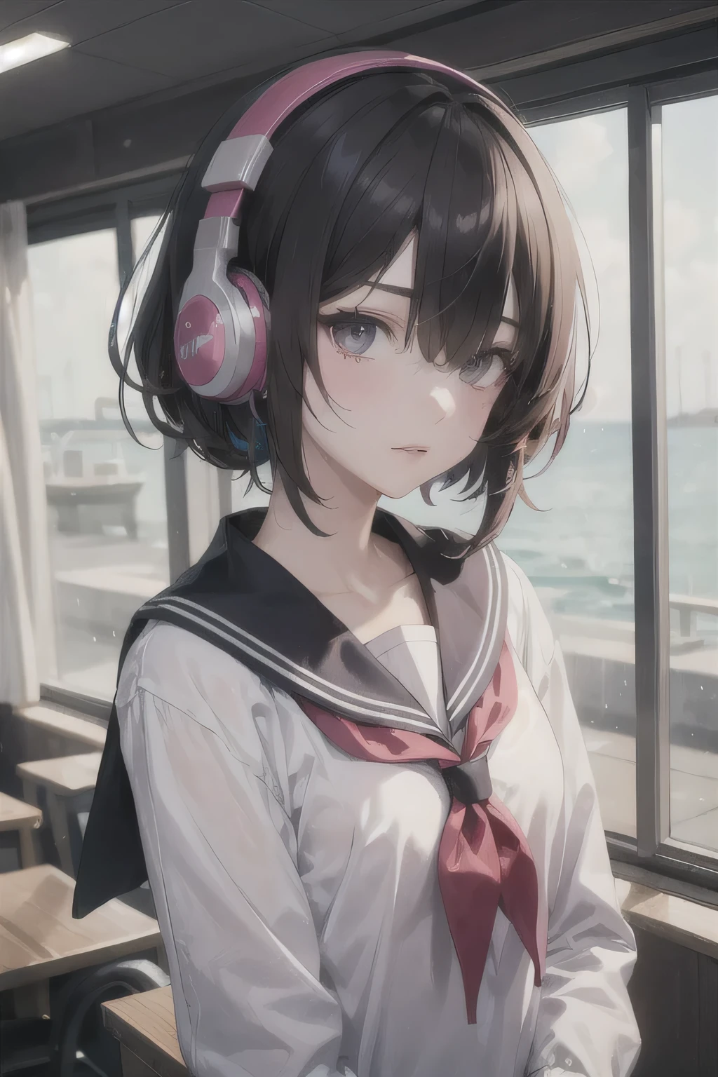 Dark-haired girl standing,alone,18-year-old,Beautiful Face,Upper Body,Hair on one eye,Medium Sidecut, Sharp focus,Headphones,Sailor suit