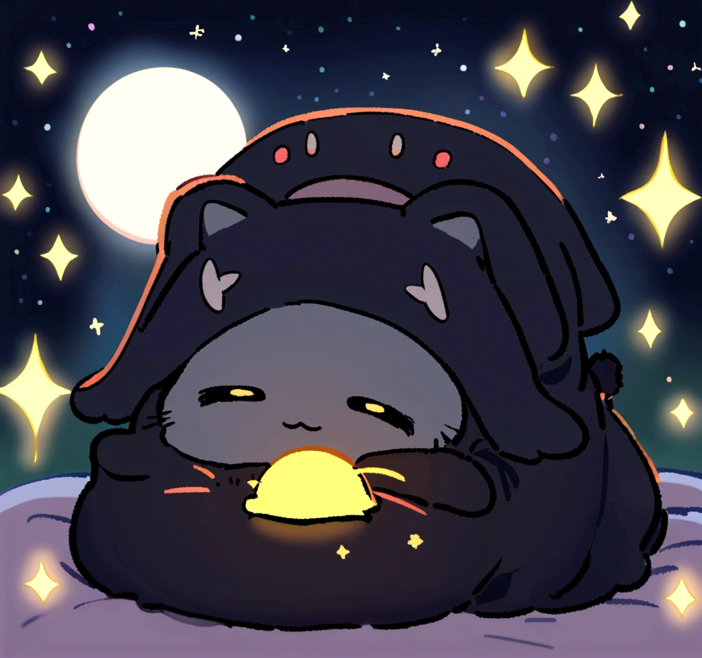 moon, Very cute sleepy black cat, night
