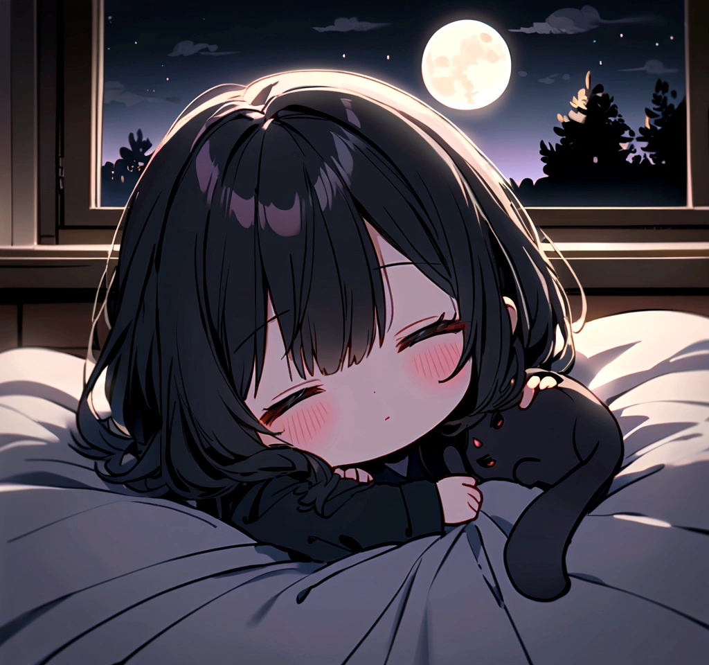 moon, Very cute sleepy black cat, night