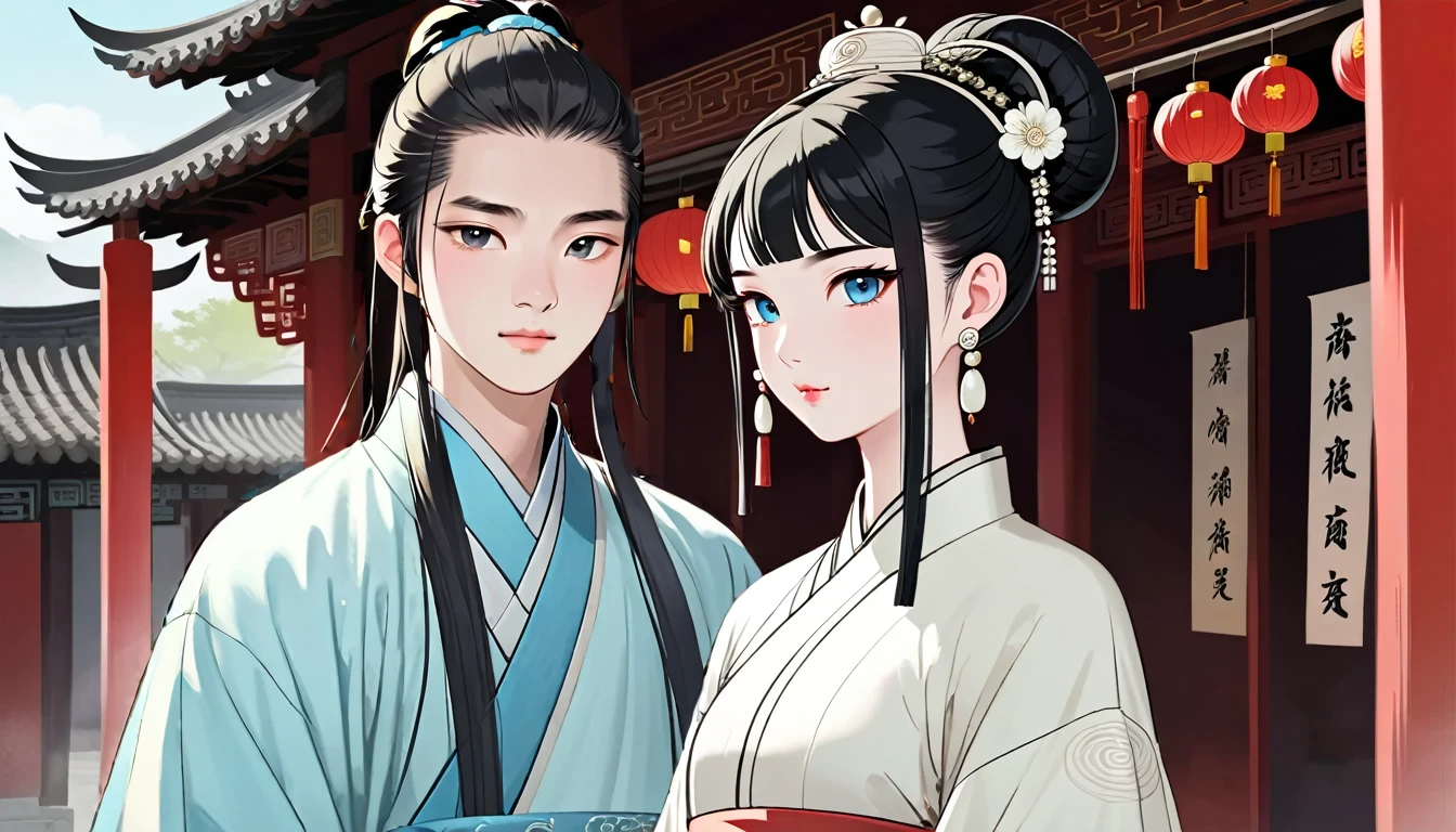 A young Chinese male named John,round face,Fair complexion,Black eyes,hairstyle: long hair(comb your hair into a bun),Wear light sky blue Chinese scholar traditional robe