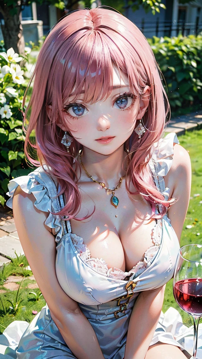 (Masterpiece, BestQuality:1.3), (ultra detailed:1.2), (hyperrealistic:1.3), (RAW photo:1.2), High detail RAW color photo, professional photograph, (Photorealistic:1.4), (realistic:1.4), professional lighting, perfect , (Big Breasts:1.2), (blush, detailed face), (cheerful Smile:1.5), Trending Hair&Trending Hairカラーをランダムに, earrings, necklace, bracelet, sexly,  sexly, Random sexy gravure poses, (A beautiful pink-haired woman in a white summer dress、Smiling and posing sexily while enjoying a glass of wine at a spring garden party。:1.3)