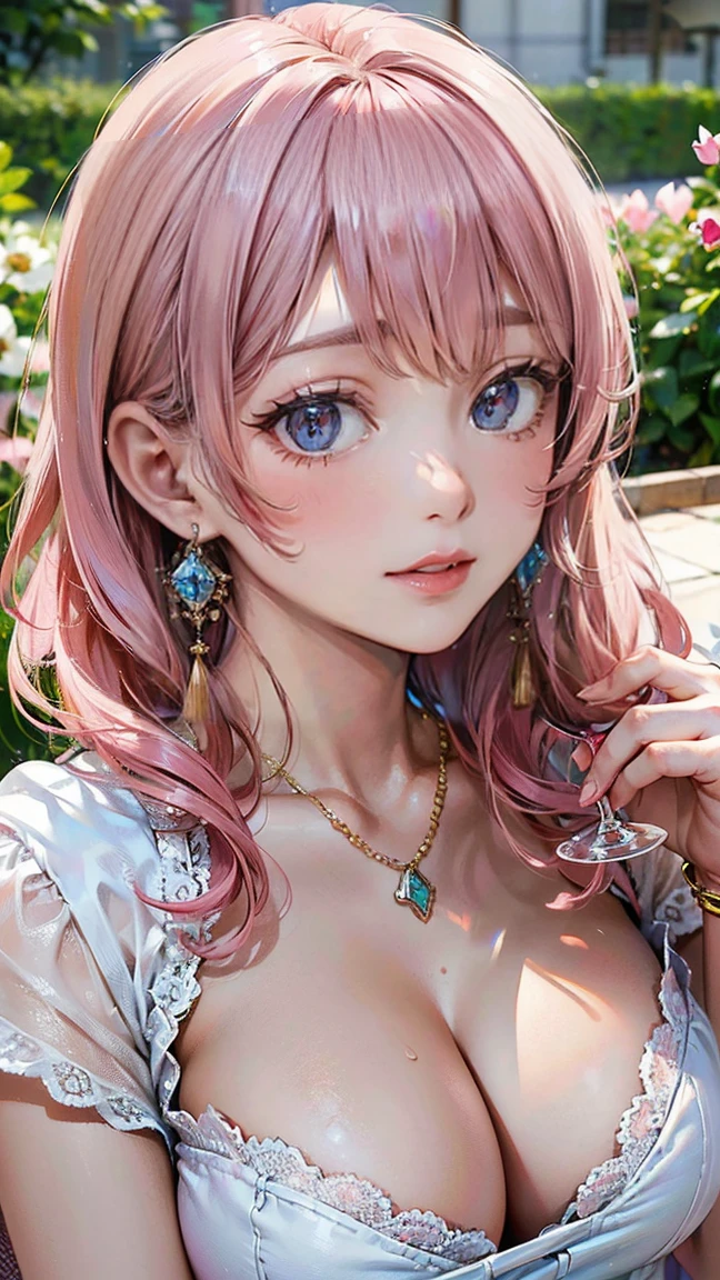 (Masterpiece, BestQuality:1.3), (ultra detailed:1.2), (hyperrealistic:1.3), (RAW photo:1.2), High detail RAW color photo, professional photograph, (Photorealistic:1.4), (realistic:1.4), professional lighting, perfect anatomy, (Big Breasts:1.2), (blush, detailed face), (cheerful Smile:1.5), Trending Hair&Trending Hairカラーをランダムに, earrings, necklace, bracelet, sexly, erotic sexly, Random sexy gravure poses, (A beautiful pink-haired woman in a white summer dress、Smiling and posing sexily while enjoying a glass of wine at a spring garden party。:1.3)