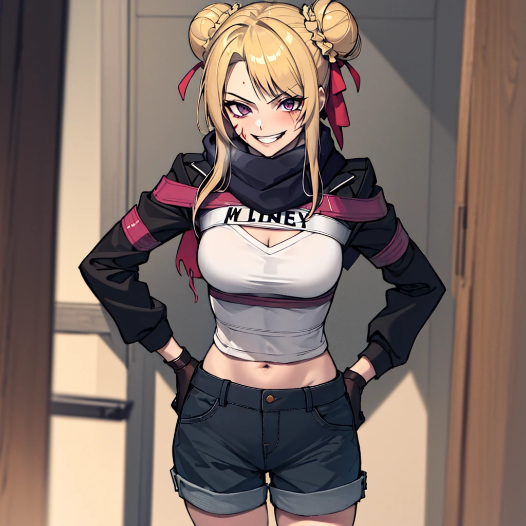 (absurdres, 8k, 4k, masterpiece, hyper extreme detailed:1.2), solo, 1girl, front view, perfect face, 1girl, portrait, looking at viewer, solo, standing, Female, toned body, mature female, medium breasts, pale, blonde hair, medium hair, sarcastic, delinquent, purple eyes, swept bangs, scars, casual wear, street wear, gross, messy, dirty, bloody, snarky, smirk, medium body, gyaru, crazy face, crazy smile, crazy eyes, hands on hips, shorts, wind, windy hair, moving hair, black ribbon, hair buns, adventurous, scarf, gloves, draping hair, eye patch, shirt,
