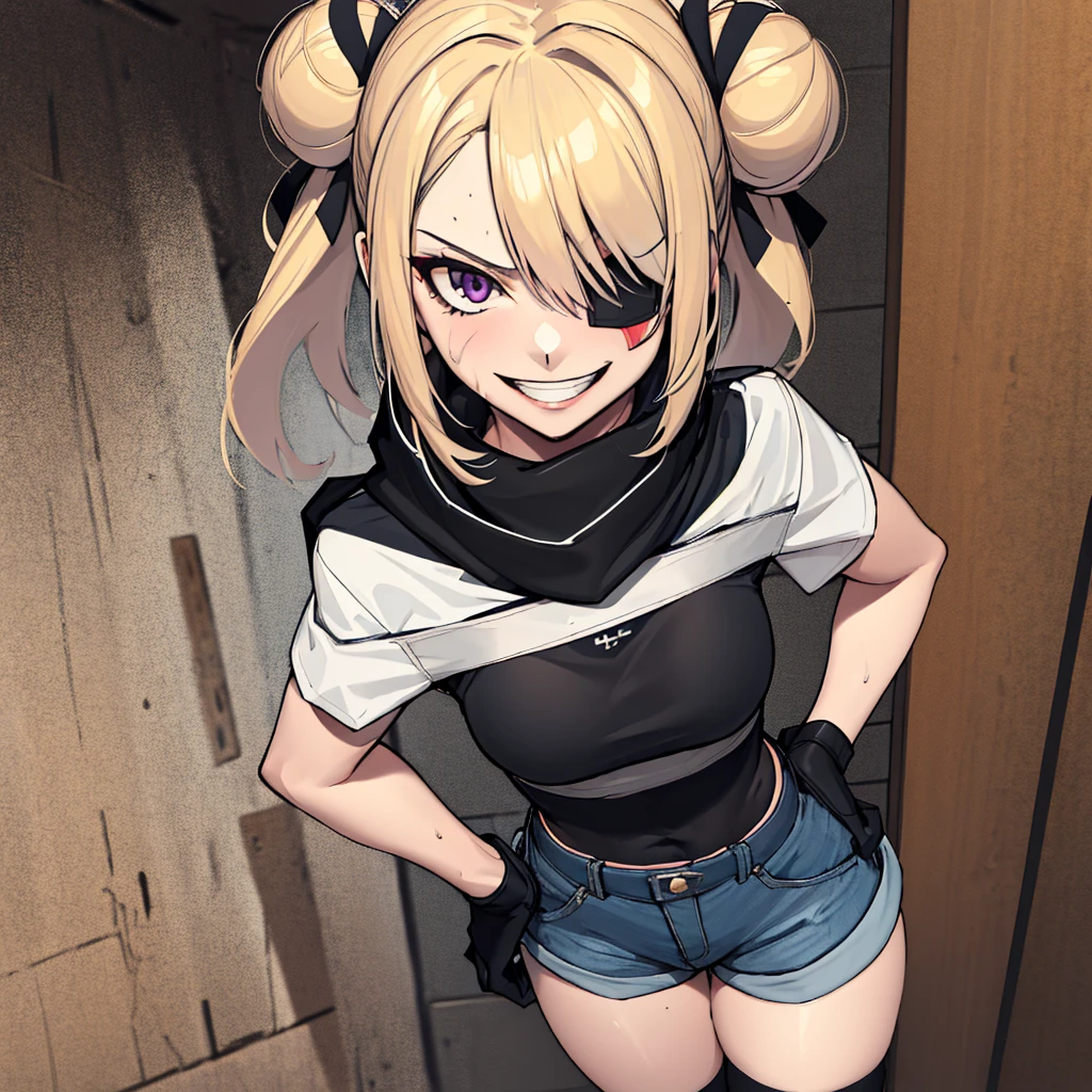 (absurdres, 8k, 4k, masterpiece, hyper extreme detailed:1.2), solo, 1girl, front view, perfect face, 1girl, portrait, looking at viewer, solo, standing, Female, toned body, mature female, medium breasts, pale, blonde hair, medium hair, sarcastic, delinquent, purple eyes, swept bangs, scars, casual wear, street wear, gross, messy, dirty, bloody, snarky, smirk, medium body, gyaru, crazy face, crazy smile, crazy eyes, hands on hips, shorts, wind, windy hair, moving hair, black ribbon, hair buns, adventurous, scarf, gloves, draping hair, eye patch, shirt,