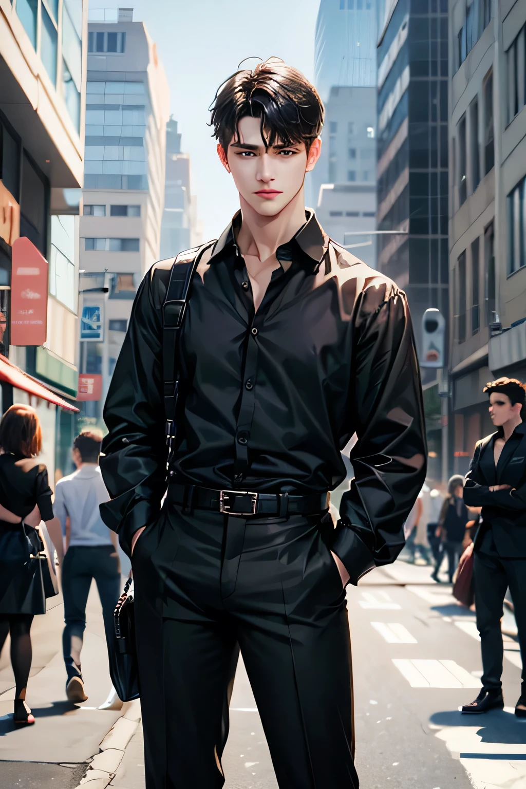 1boy, male_focus, black_hair, belt, solo, pants, brown_pants, shirt, looking_at_viewer, realistic, black_shirt, standing, short_hair, hands_in_pockets, black_eyes, long_sleeves, at university_background, outdoor