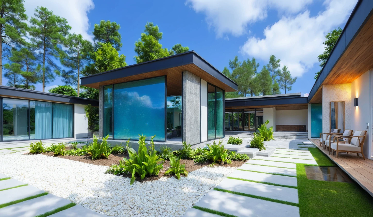 Masterpiece, high quality, best quality, authentic, super detail, outdoors, house style modern, white wall, aquarium,glass windows,grass, trees,blue sky, cloud, (day:1.1), realistic lighting