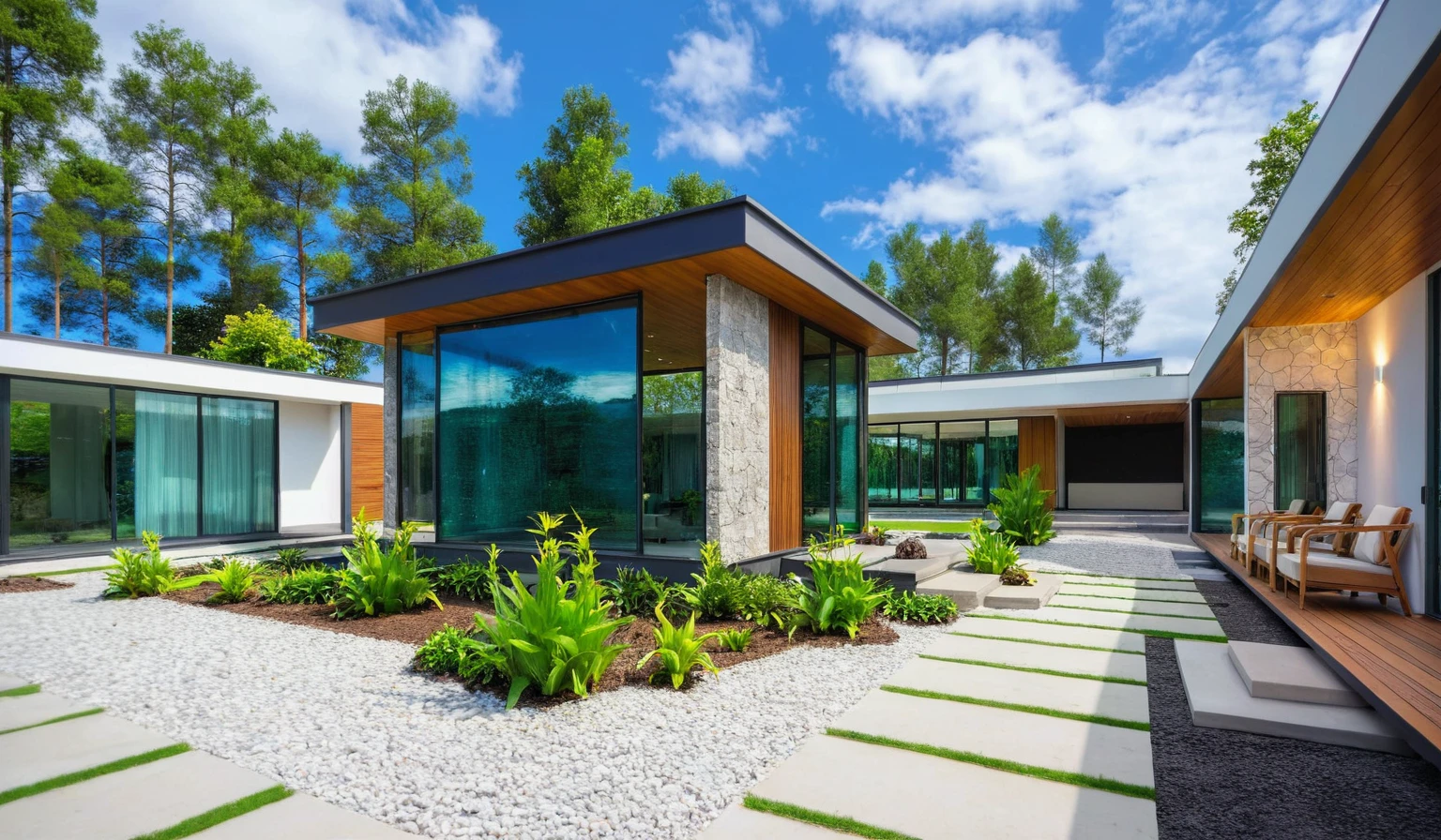 Masterpiece, high quality, best quality, authentic, super detail, outdoors, house style modern, white wall, aquarium,glass windows,grass, trees,blue sky, cloud, (day:1.1), realistic lighting
