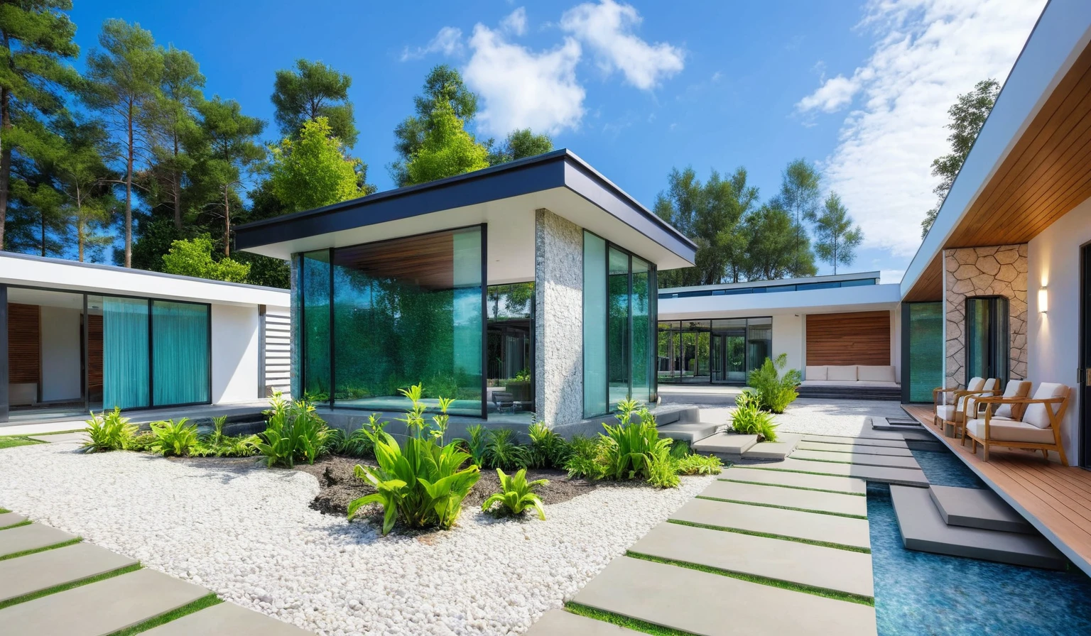Masterpiece, high quality, best quality, authentic, super detail, outdoors, house style modern, white wall, aquarium,glass windows,grass, trees,blue sky, cloud, (day:1.1), realistic lighting