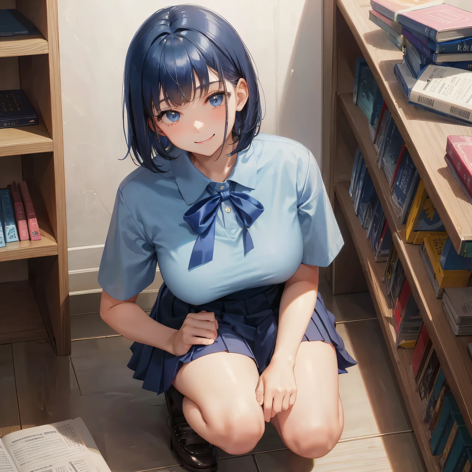1. High school girl -yeld fee Bobcut dark blue hair color High School Uniform Light blue Y-shirt Short sleeve Blue Ribbon dark blue hair color Slim figure Large Breasts Full body portrait School library Smiling Kindly Laugh a little library Hand Signs squat Kneel Look up here