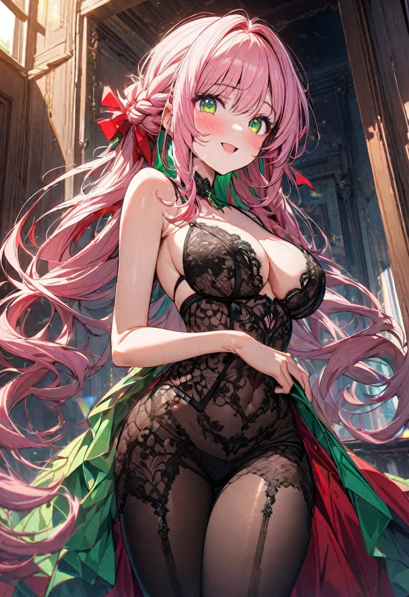 The image is of a beautiful woman wearing a tight fitting black lace lingerie. The woman has long flowing pink hair with strands of braided hair tied with red ribbon throughout. She has gorgeous green eyes that shine like emeralds. Her face is youthful and gorgeous. Her breasts are ample and seem too large for her tight fitting black lace bra. She is short in height but well developed -a short stack. She blushes as you look at her. She's standing in your bedroom and is excited to be with you. The image is ultra detailed with gorgeous colors, perfect line work, and detailed shading.