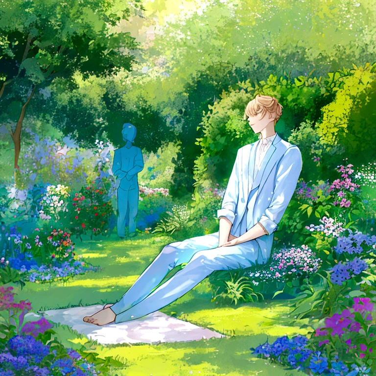 1boy, smelling a flower, sleepy, tranquil, serene, youthful, fullbody, fullbody pose, dynamic pose, creative pose, in a garden, sitting, pastel tones