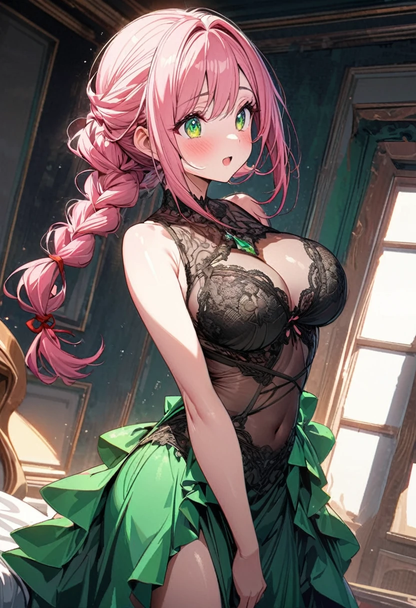 The image is of a beautiful woman wearing a tight fitting black lace lingerie. The woman has long flowing pink hair with strands of braided hair tied with red ribbon throughout. She has gorgeous green eyes that shine like emeralds. Her face is youthful and gorgeous. Her breasts are ample and seem too large for her tight fitting black lace bra. She is short in height but well developed -a short stack. She blushes as you look at her. She's standing in your bedroom and is excited to be with you. The image is ultra detailed with gorgeous colors, perfect line work, and detailed shading.