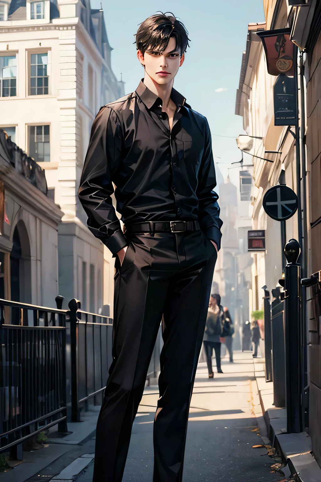 1boy, male_focus, black_hair, belt, solo, pants, brown_pants, shirt, looking_at_viewer, realistic, black_shirt, standing, short_hair, hands_in_pockets, black_eyes, long_sleeves, at university_background, outdoor