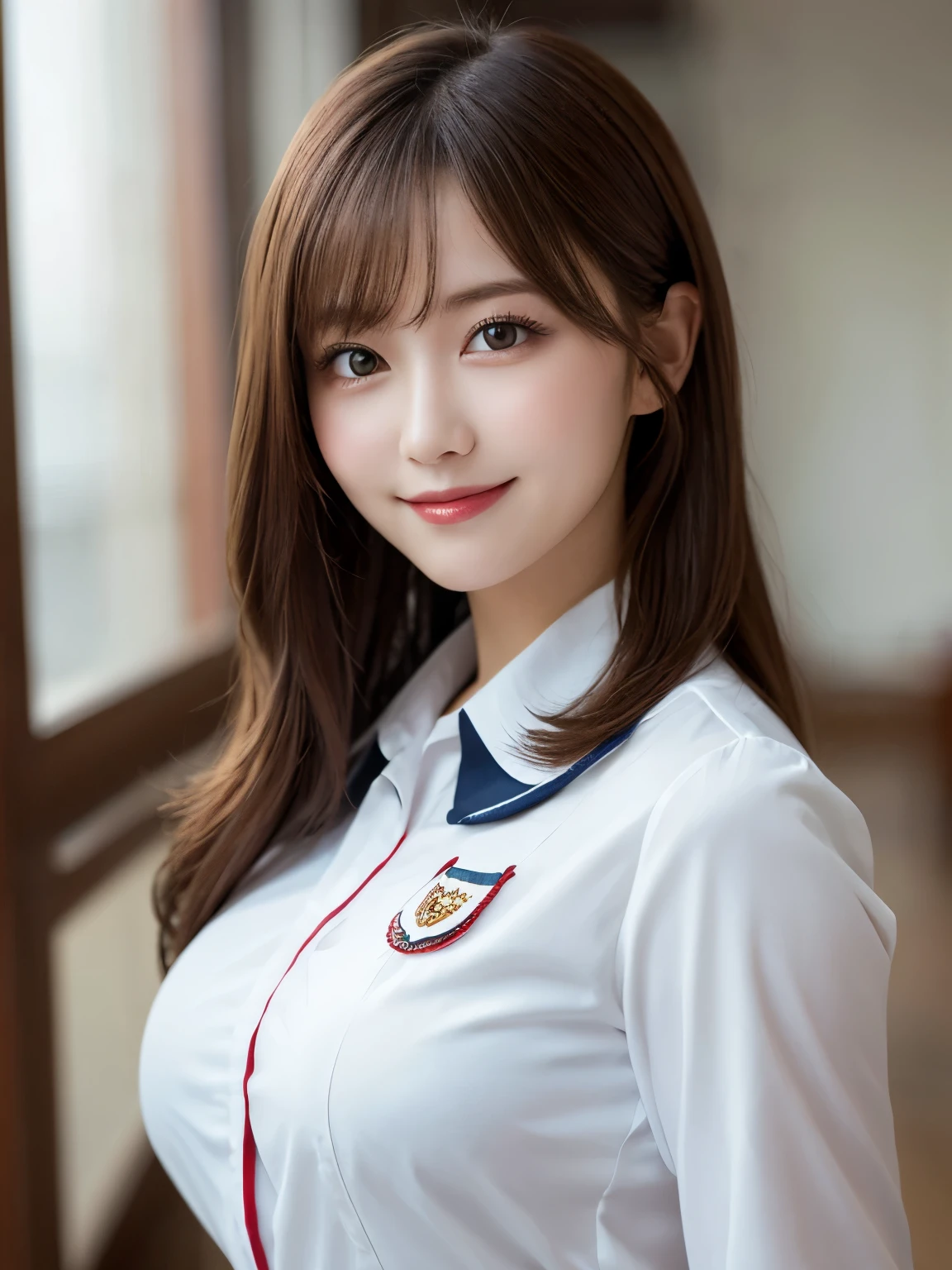 Tabletop, Highest quality, shape, Very detailed, In detail, High resolution, 8k wallpaper, Perfect dynamic composition, Beautiful details, White Magic Academy Uniform, Natural Lip, Big Breasts, Exposing the breasts，Asymmetrical Wave Hairstyle, smile, White Background