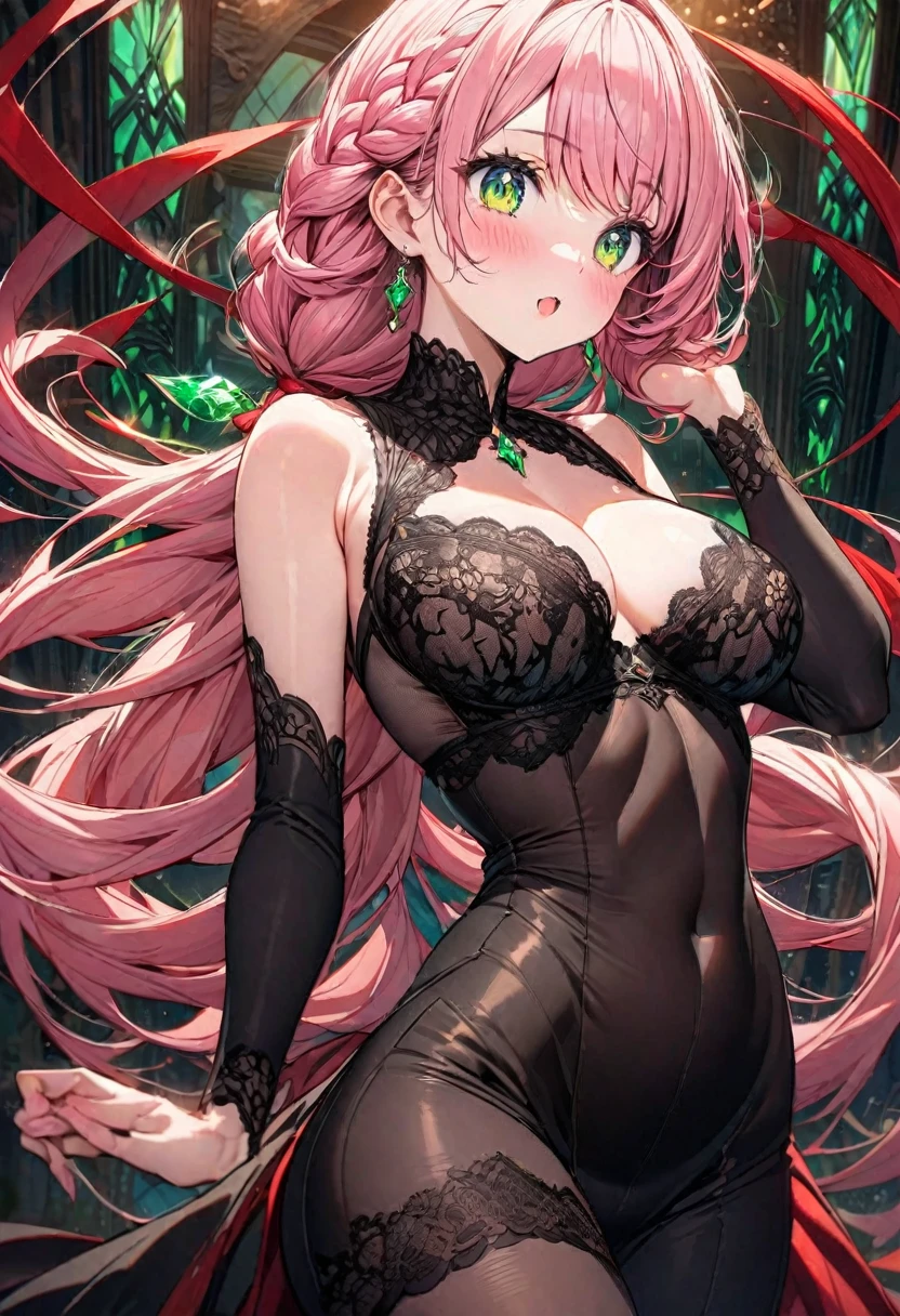 The image is of a beautiful woman wearing a tight fitting black lace . The woman has long flowing pink hair with strands of braided hair tied with red ribbon throughout. She has gorgeous green eyes that shine like emeralds. Her face is youthful and gorgeous. Her breasts are ample and seem too large for her tight fitting black lace . She is short in height but well developed -a short stack. She blushes as you look at her. She's standing in your bedroom and is excited to be with you. The image is ultra detailed with gorgeous colors, perfect line work, and detailed shading.
