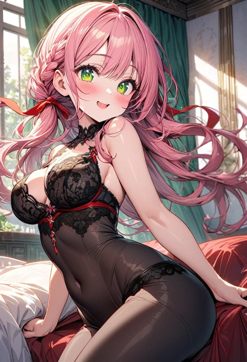 The image is of a beautiful woman wearing a tight fitting black lace . The woman has long flowing pink hair with strands of braided hair tied with red ribbon throughout. She has gorgeous green eyes that shine like emeralds. Her face is youthful and gorgeous. Her  are ample and seem too large for her tight fitting black lace . She is short in height but well developed -a short stack. She blushes as you look at her. She's standing in your bedroom and is excited to be with you. The image is ultra detailed with gorgeous colors, perfect line work, and detailed shading.