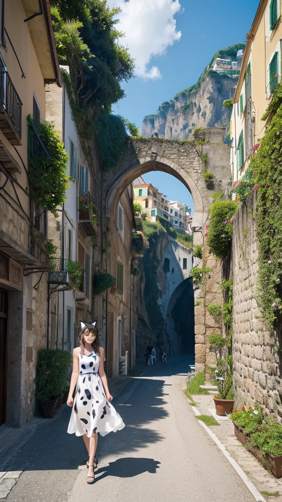 Beautiful girl walking seashore, 
the stunning Amalfi Coast in Italy, with viewers enjoying the traditional Italian lemon liqueur, Limoncello, in hand as they take in the breathtaking scenery,
Capture the picturesque coastal villages along the Amalfi Coast, such as Positano, Amalfi, and Ravello, with their colorful buildings cascading down the cliffs towards the azure Mediterranean Sea,
Focus on the rugged coastline, with images of dramatic cliffs, hidden coves, and crystal-clear waters that create a paradise-like setting for relaxation and exploration,(ひまわり:1.4),
(Cat ears:1.3), (Cow pattern dress:1.2),