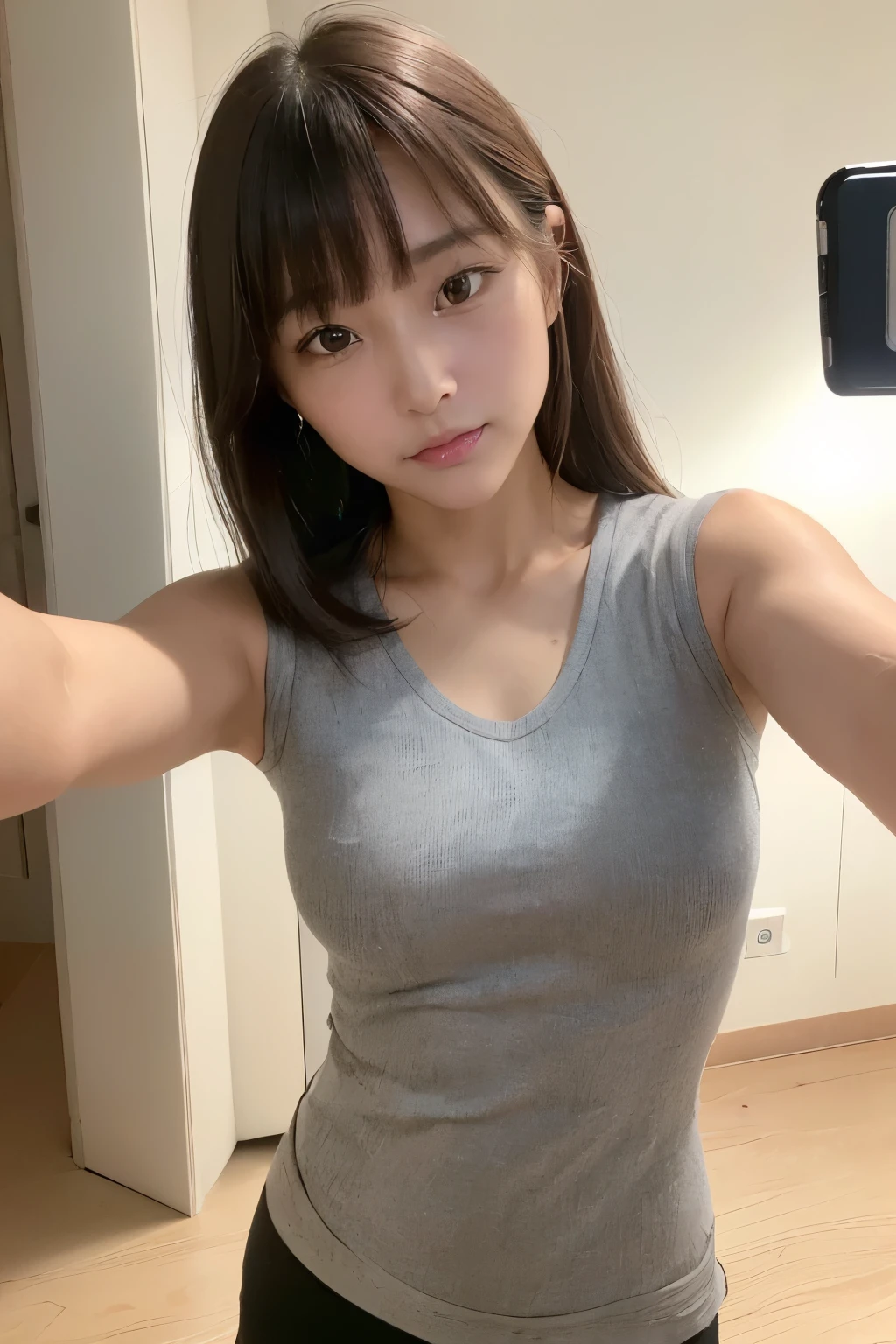 (8K, Raw photography, best quality, masterpiece, realisitic, photo-realsitic:1.5), clear, professional lighting, ultra high res,ultra detailed, a japanese married woman, 30-years-old, Balanced build, Curvy Body, (tiny Height:1.5), (Blunt Bangs:1.3), medium log hair, Brown hair, average breast, (round face:1.5), beautifull detailed face, (no-makeup look:1.5), Beautiful detailed skin, Skin Texture, captures (selfie:1.8) with a shy smile, (embarrassed, blush:1.2), in kitchen, she wears darkgray T-shirt.