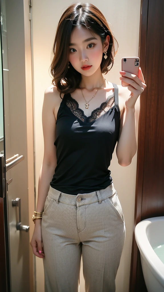 a girl,sexy lace tank-top,mini earrings,mini necklace,net pant, bracelet mini, slippers,front mirror, selfie, bathroom 