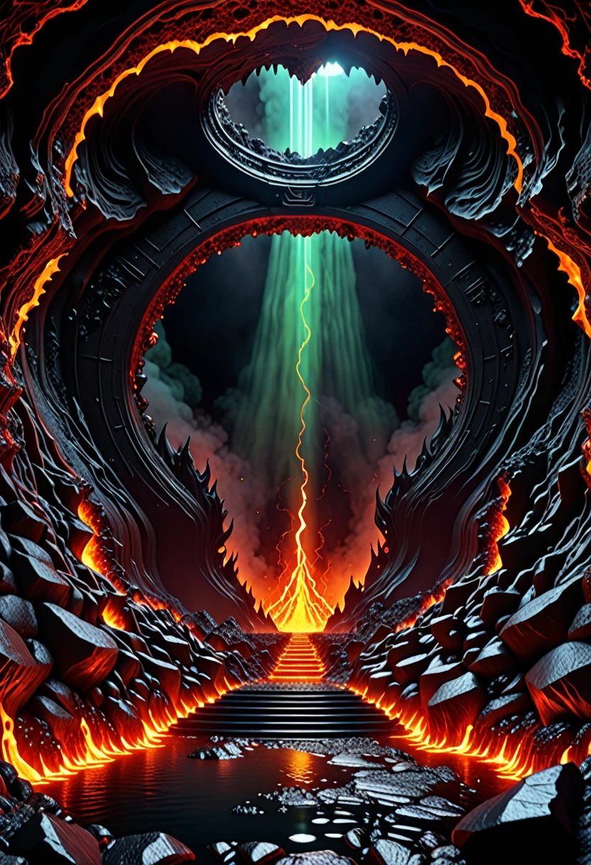 A huge deep abyss made of black stone, incandescent magma, phosphorescent radioactive mineral, gates to hell, it ends in the bottom with a living organic obscurity, abysssanctum, procreation of the wicked, synthetic grotesque,highly detailed, 4k resolution, masterpiece, 3d modelling,digital art