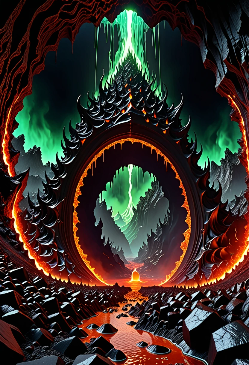 A huge deep abyss made of black stone, incandescent magma, phosphorescent radioactive mineral, gates to hell, it ends in the bottom with a living organic obscurity, abysssanctum, procreation of the wicked, synthetic grotesque,highly detailed, 4k resolution, masterpiece, 3d modelling,digital art