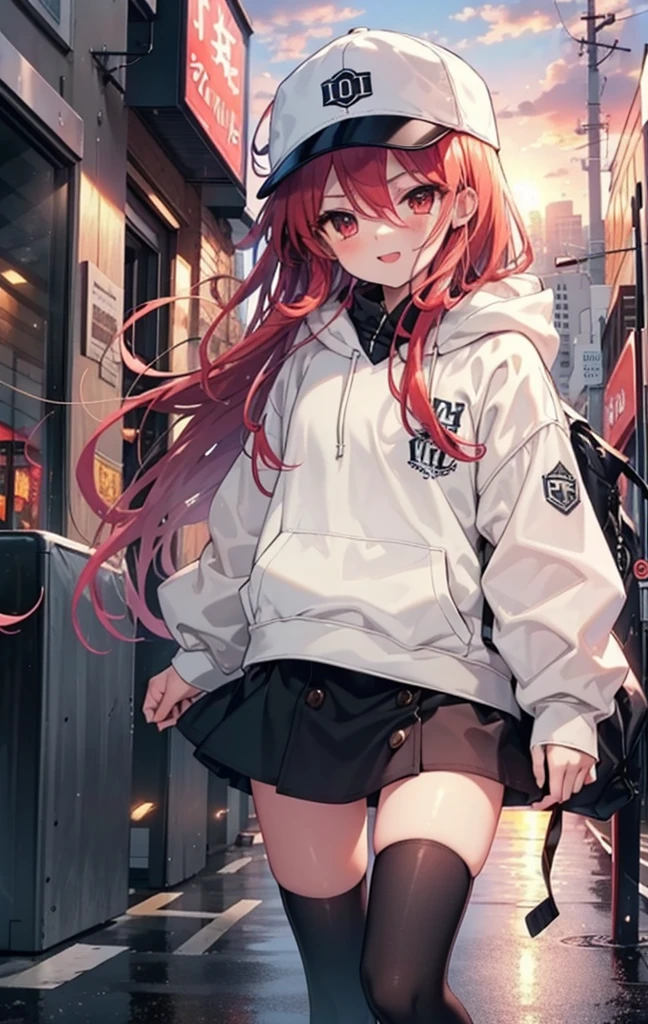 Shana,灼眼のShana,Long Hair, Redhead, Red eyes,happy smile, smile, Open your mouth,Baseball cap,Oversized black hoodie,Black long skirt,short boots,evening,Sunset,The sun is setting,walking,whole bodyがイラストに入るように, break outdoors, construction area, break looking at viewer, whole body, break (masterpiece:1.2), Highest quality, High resolution, unity 8k wallpaper, (shape:0.8), (Beautiful attention to detail:1.6), Highly detailed face, Perfect lighting, Highly detailed CG, (Perfect hands, Perfect Anatomy),