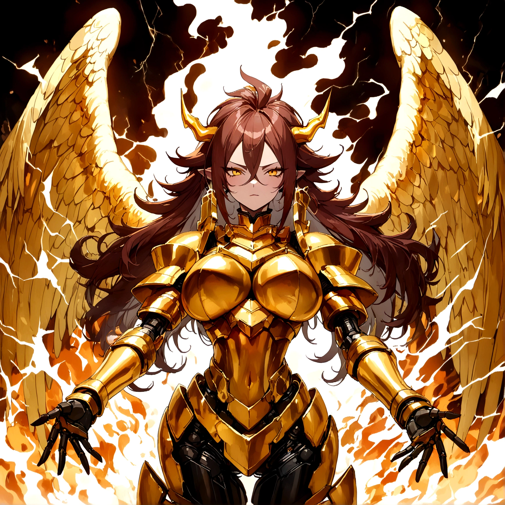((Lightning Power)), ((Electricity)), ((Fire Background)), ((Lightning Storm)), ((Power Erupting)), (((((android 21))))), ((((Gigantic Rasengan)))), (((Evil Power))), (((white Coat))), (((Busty))), (((((Big breast:1,3)))), luxury bustier corset, (((silver hair))), (((Very slim waist))), propotional body, ((Gorgeous)), (((Fire Blazing Horns))), ((((gold wings))), masterpiece, hyperdetail, ambient effect, digital effect, (((Fire Gold Armor))), (((Lightning Gold Wings)))