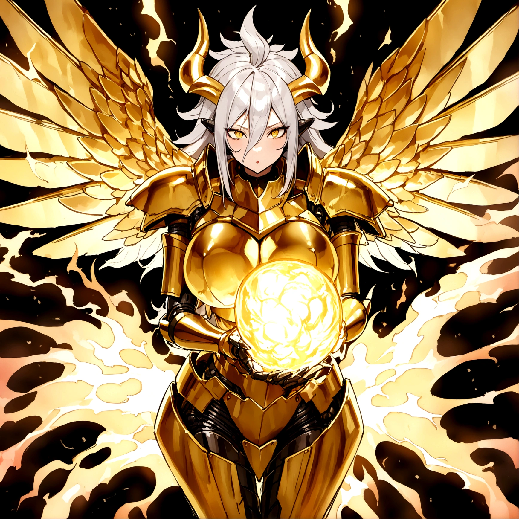 ((Lightning Power)), ((Electricity)), ((Fire Background)), ((Lightning Storm)), ((Power Erupting)), (((((android 21))))), ((((Gigantic Rasengan)))), (((Evil Power))), (((white Coat))), (((Busty))), (((((Big breast:1,3)))), luxury bustier corset, (((silver hair))), (((Very slim waist))), propotional body, ((Gorgeous)), (((Fire Blazing Horns))), ((((gold wings))), masterpiece, hyperdetail, ambient effect, digital effect, (((Fire Gold Armor))), (((Lightning Gold Wings)))