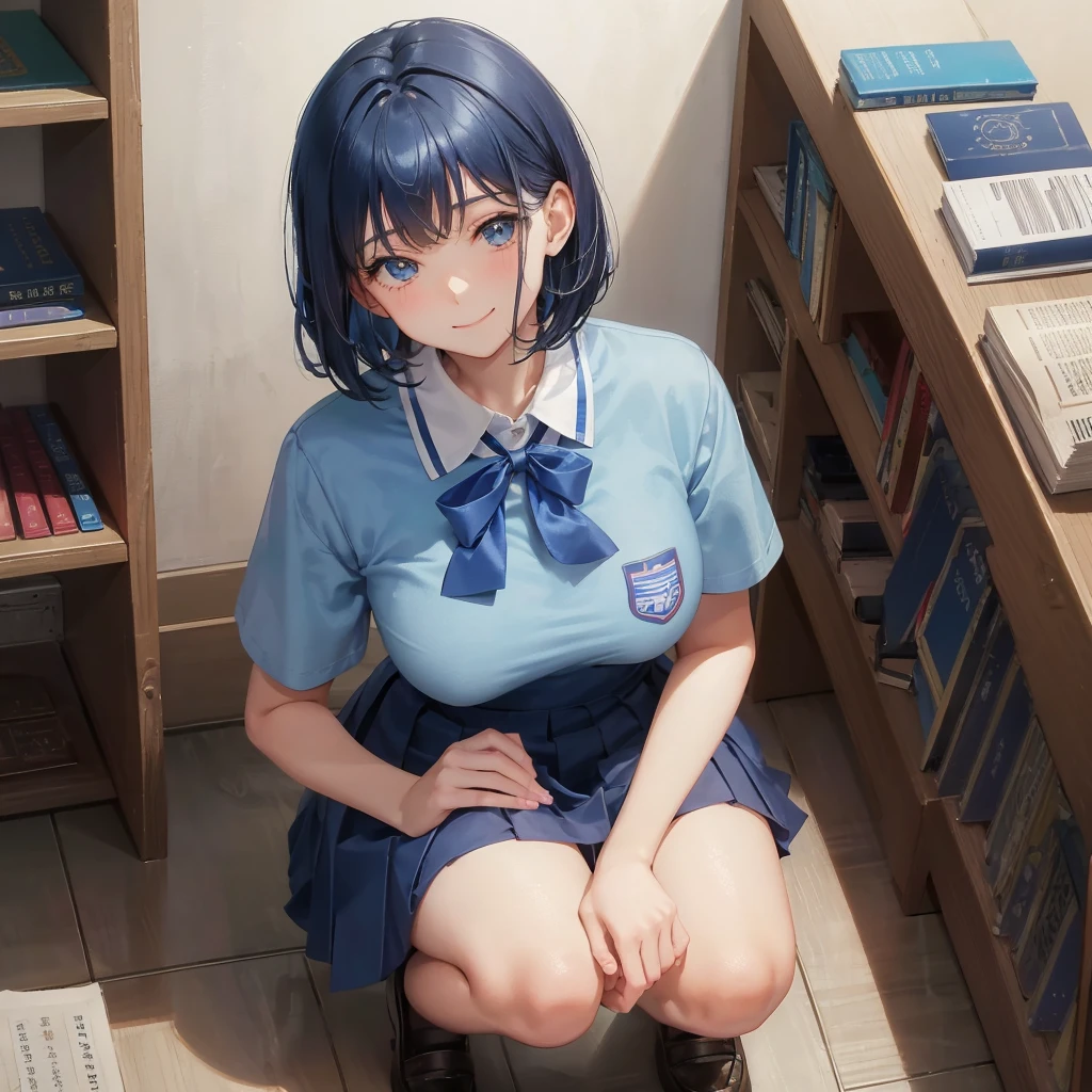 1. High school girl 17-year-old female Bobcut dark blue hair color High School Uniform Light blue Y-shirt Short sleeve Blue Ribbon dark blue hair color Slim figure Large Breasts Full body portrait School library Smiling Kindly Laugh a little library Hand Signs squat Kneel Look up here