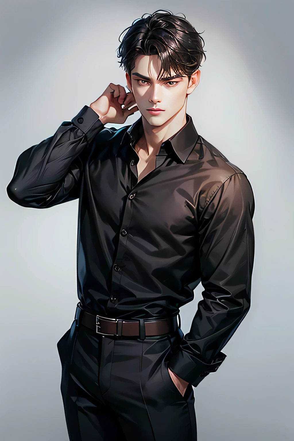 1boy, male_focus, black_hair, belt, solo, pants, brown_pants, shirt, looking_at_viewer, realistic, black_shirt, standing, short_hair, hands_in_pockets, black_eyes, long_sleeves, at university_background, university 