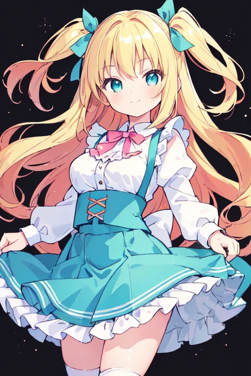 (best quality, masterpiece:1.2), illustrations, a cute girl, cute face, kawaii, early teens, 1 girl, 12-year-old, (cute), (short two side up:1.2), long hair, blonde hair, shiny hair, aqua eyes, medium breasts. dirndl, frill skirt. smile, white background,