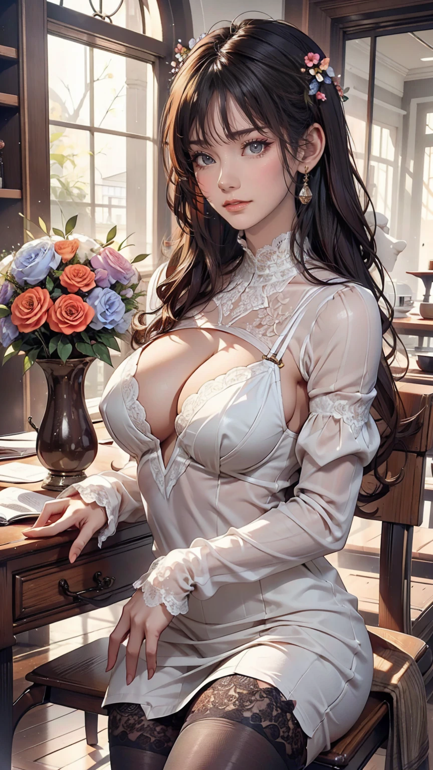 24-year-old woman、Sexy proportions、Sexy、High neck long sleeve sheer switching flower all lace tight mini dress