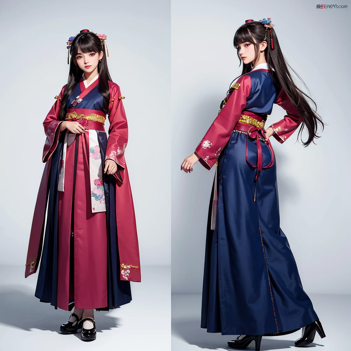 (masterpiece, best quality), ultra detailed, high resolution, 16k, the most beautiful face in the world, perfect face, delicate facial features, highly detailed beautiful face and eyes, shiny skin, highly detailed background, elaborately designed, fine cloth texture, BREAK, (gorgeous and stunning teenage girl in hanbok:1.5), (perfect make-up:1.3), deeply in love, full of elegance, (full body:1.5), (three view drawing, front and back and side, character sheet:1.2)