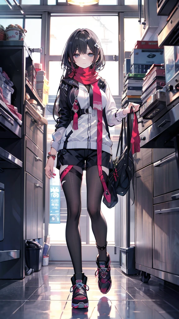 1girl,,legwear,,anklet,black hair,straight_hair,hime cut,long hair,sneakers,huge filesize,scarf，shorts