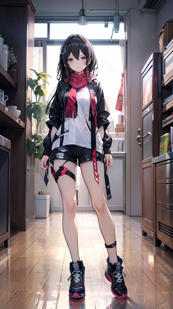 1girl,,legwear,,anklet,black hair,straight_hair,hime cut,long hair,sneakers,huge filesize,scarf，shorts